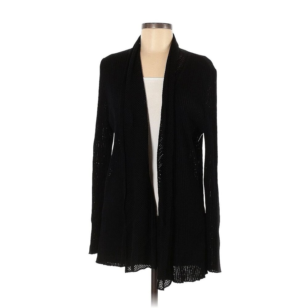 Women Exclusively Misook Solid Black Textured Open Front Cardigan Size S